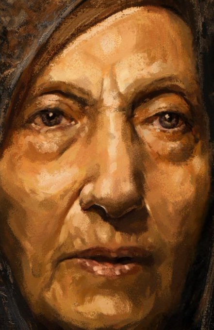 A close-up oil painting portrait of a woman with an intense expression, rendered in warm brown and ochre tones.