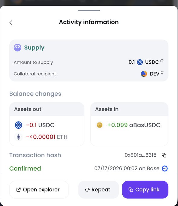 A cryptocurrency transaction confirmation screen showing a supply of 0.1 USDC to DEV, swapping for 0.099 aBasUSDC, confirmed on the Base network.