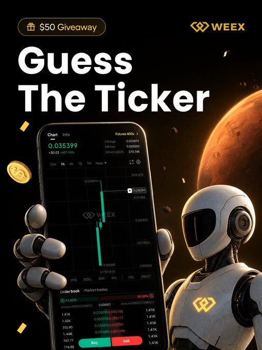A WEEX promotional graphic for a "$50 Giveaway" featuring a futuristic robot holding a smartphone displaying a trading chart with the ticker "0.035399" visible on the screen, set against a space-themed background with a planet. The caption relates to the post as it invites users to guess the hidden ticker and participate in the giveaway by tagging friends and commenting with their answer and WEEX UID.
