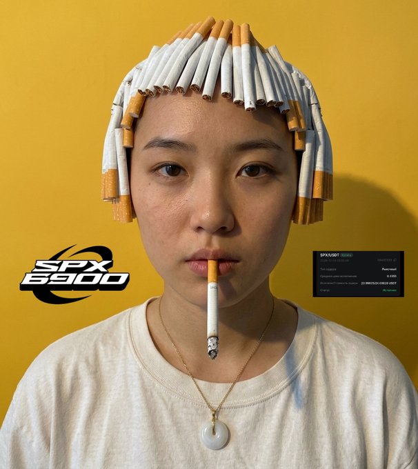 A young woman poses against a yellow background with cigarettes arranged in her hair like bangs, one in her mouth, wearing a cream shirt and jade pendant necklace; text reads 'SPX 6900' with cryptocurrency market details.