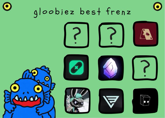 The image features a cartoon character holding up a sign that says "gloobiez best frenz". The character appears to be wearing a blue shirt and has a large head with two horns, giving them a unique appearance. Below this sign is a grid of nine squares containing various icons related to gaming or streaming, such as a game controller, a video game, and a music player. These icons are arranged in a 3x3 grid on the image. The overall layout suggests that these icons might be part of a gaming or streaming platform, possibly promoting a new release or highlighting popular games and artists within the community.