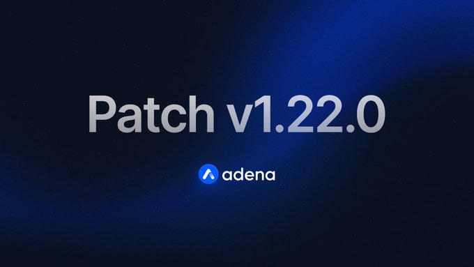 A dark blue graphic displays the text 'Patch v1.22.0' alongside the Adena logo.