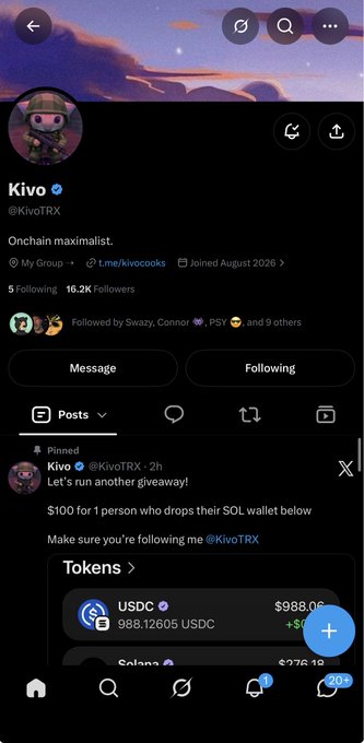 A screenshot of a Twitter/X profile for "Kivo" (@KivoTRX) with a Solana maximalist bio, showing a pinned post that reads "Let's run another giveaway! $100 for 1 person who drops their SOL wallet below" and displaying a USDC token balance of 988.12605.