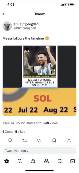 The image shows a tweet from @busterdogdad reading "Messi follows the timeline" alongside a photo of Lionel Messi and a Fox 35 headline stating "MESSI TO MAKE INTER MIAMI DEBUT ON JULY 21," with a partial zodiac chart displaying Leo (Jul 22-Aug 22) and the ticker "SOL" below. The tweet humorously ties Messi's upcoming debut to a horoscope/Solana (SOL) reference, fitting the poster's joke about cyclical crypto commentary since 2023.