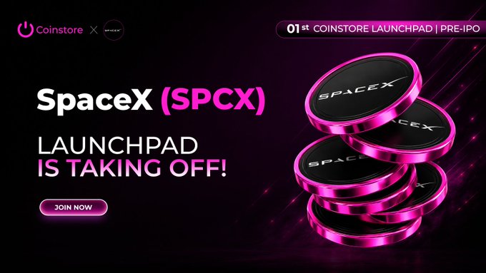 The main image features a poster for Spacex's SPCX launchpad that has been set off by Coinstore. The logo of the launchpad can be seen prominently displayed at the bottom of the image, along with the words "SpaceX(SPCX)" and "Launchpad is coming to Coinstore!". This post advertises the upcoming launchpad listing, where Spacex's SPCX is listed for sale for a discounted price of 180 USDT per token. The post also emphasizes that this event applies to users who have already subscribed to the space store via Coinstore and are looking to buy or sell tokens at the discounted price.