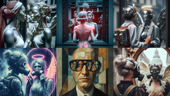 A grid of six cyberpunk and surreal AI-generated images featuring figures with gas masks, robotic elements, wings, and halos in dystopian and geometric settings.