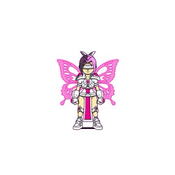 A pixel-art character with pink fairy wings, dark hair, sunglasses, and a futuristic white and pink outfit on a plain white background.