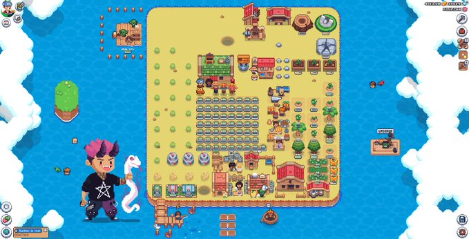 A pixel-art style video game island with various buildings, crops, and a character with purple hair and a snake on a dock.
