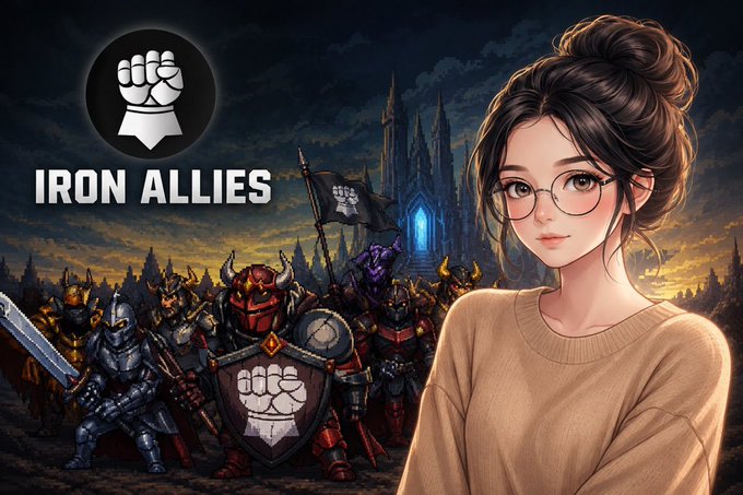 A promotional graphic for "IRON ALLIES" featuring an illustrated young woman with glasses in the foreground, with a dark fantasy army of armored knights bearing a fist-and-gauntlet emblem standing before a gothic castle in the background.