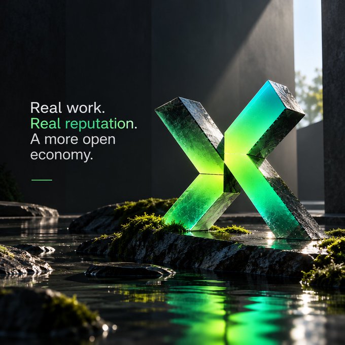 A promotional graphic featuring a large 3D 'X' logo in green and silver sitting on mossy rocks above water, with the text 'Real work. Real reputation. A more open economy.'