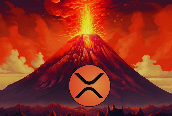 An erupting volcano with a dramatic plume of fire and ash against a fiery red sky, overlaid with the orange XRP logo, visually symbolizes the post's message that suppressed $XRP price pressure will soon erupt in an explosive breakout.