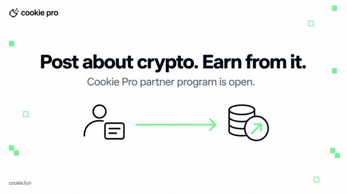 The image is a promotional banner for the "Cookie Pro" partner program, featuring the headline "Post about crypto. Earn from it." alongside a graphic showing a user with a payment card pointing to a database with an upward growth arrow. It visually represents the affiliate program described in the post, where content creators can earn commissions by promoting Cookie Pro to their crypto-focused audience.
