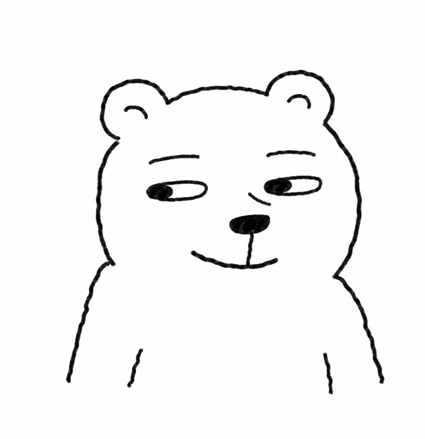 A simple black-and-white line drawing of a bear-like character with a smug, sideways-glancing expression.