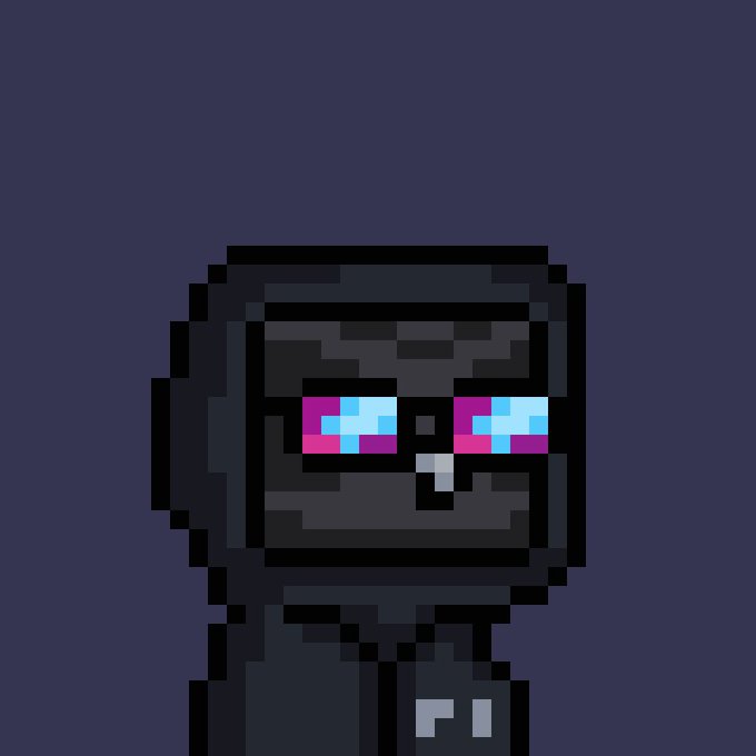A pixel art character wears a black helmet and hoodie with glowing cyan and pink visor-like glasses against a plain purple background.