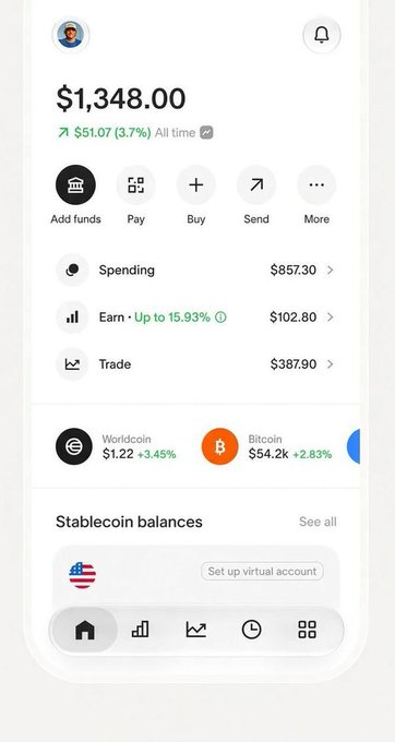 A mobile app interface screenshot showing a balance of '$1,348.00', action buttons for Add funds, Pay, Buy, and Send, and cryptocurrency balances for Worldcoin and Bitcoin.