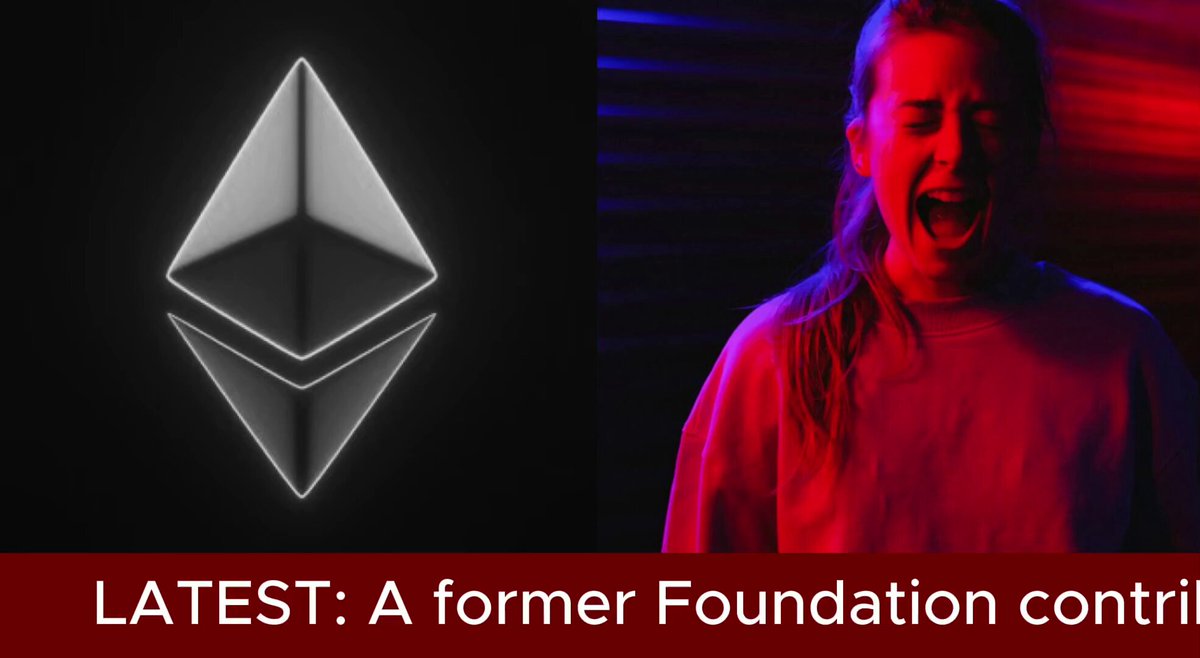 The image features an advertisement for Ethereum that includes a woman with her mouth open, possibly screaming or laughing, as well as a logo of a pyramid shape. The text above the image reads "LATEEST: A former Foundation contri". This suggests that the image is related to a recent event or situation involving Ethereum and its supporters.