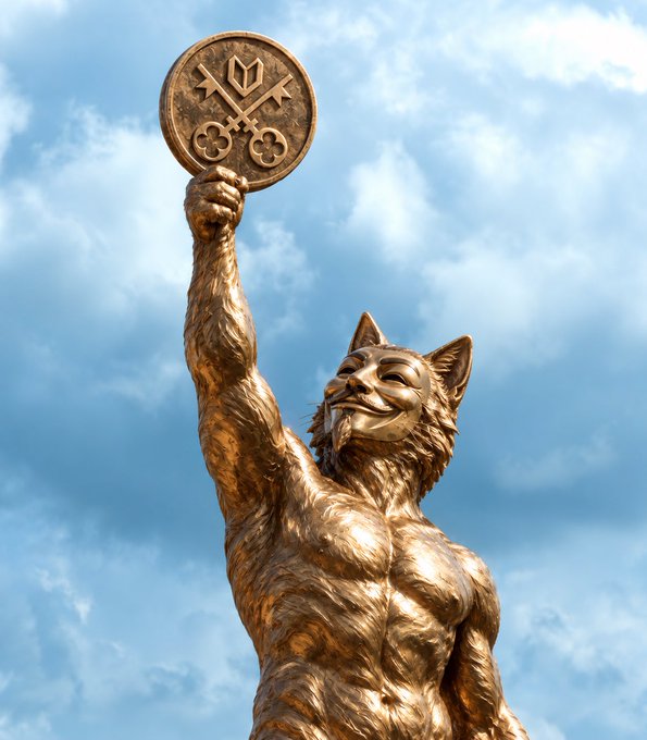A golden statue of a muscular, anthropomorphic cat holding up a circular emblem with crossed keys and symbols, against a cloudy sky.