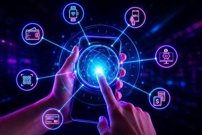 A hand interacting with a smartphone displaying a glowing digital interface with connected icons for payments, NFC, QR codes, and wallets.