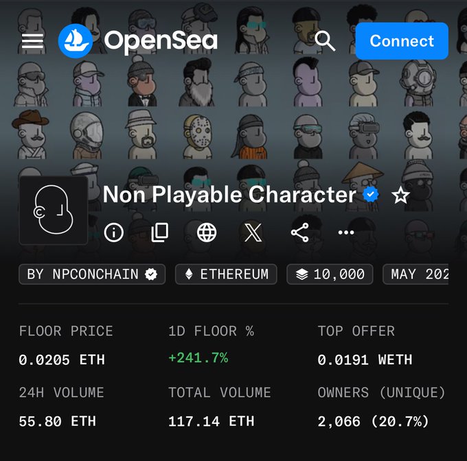 The image features an openSea trading platform's page with various posts related to nonplayable characters (NP- Characters). The main focus of this post, which displays in white text at the top of the screen, seems to be discussing the current price range for these characters and providing information about their potential for sale. 

An interesting detail is that it features a screenshot of a video game called "Etherium," taken from 2015. This might indicate that there was a gaming community or event related to the post during that time, adding context to its content.