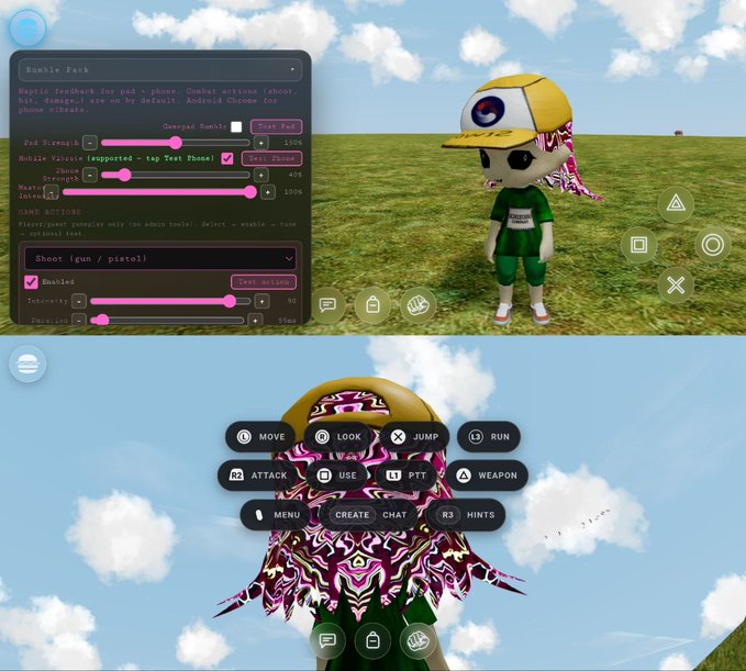 A mobile game interface shows a 3D character with a cap and pink patterned hair in a grassy field, with on-screen controls for movement, actions, and a 'Humble Pack' settings menu visible.