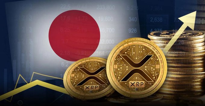 A financial graphic featuring XRP (Ripple) cryptocurrency coins stacked in front of the Japanese flag, overlaid with stock market numbers and an upward trending arrow.