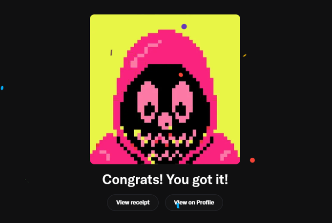 A pixel-art NFT reveal screen on a dark background displays a pink-hooded skull character with the text "Congrats! You got it!" along with "View receipt" and "View on Profile" buttons, celebrating a successful mint of the Tradooor NFT collection whose team is highlighted for strong volume and a 6x floor price increase.