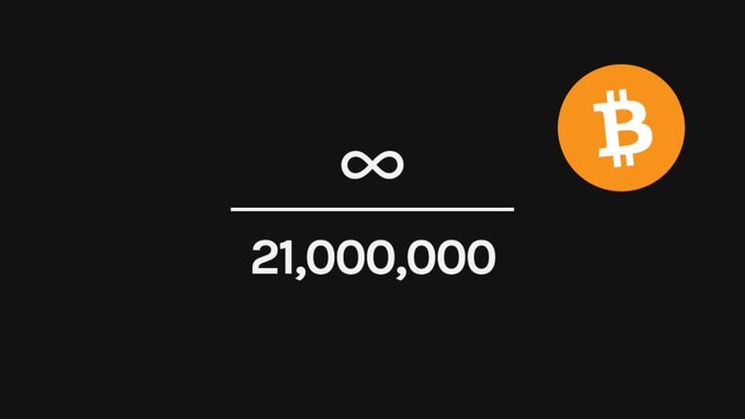 A black screen displays an infinity symbol above the number '21,000,000' next to an orange Bitcoin (BTC) logo.