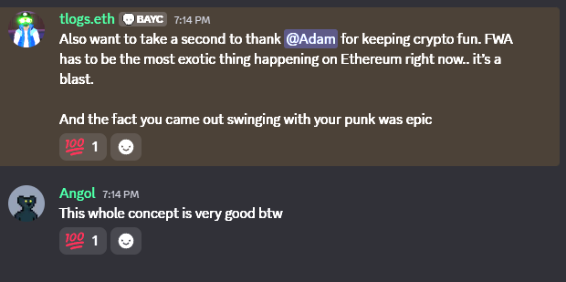 A Discord conversation from 'tlogs.eth' (BAYC) thanking @Adam for keeping crypto fun and praising the punk concept, with '100' reactions.
