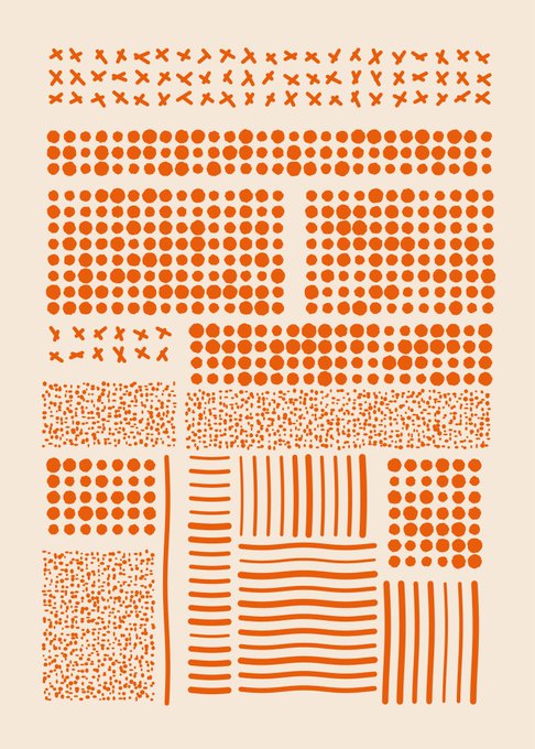 The image features a poster with various patterns of dots, lines, and shapes arranged in an abstract manner. The poster has a predominantly orange color scheme, which adds to its visual appeal. There are at least 14 different elements within the design, including circles, lines, and other shapes that create a sense of complexity and depth. The post about Fabricated artworks is related to this image as it highlights one of the seven remaining pieces from the Fabricated collection. This artwork has been described as "the perfect time to grab one or five on @objktcom for only 10 XTZ Let' s finish this #GenerativeArt".