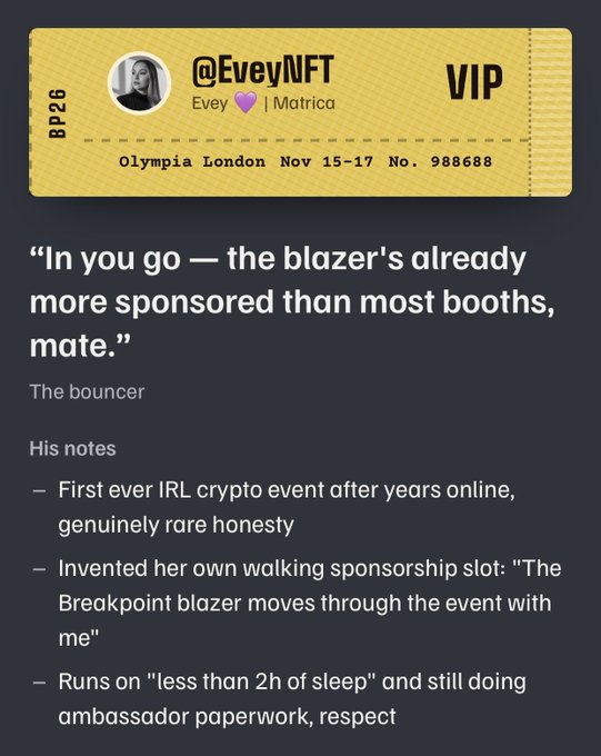 A social media post featuring a VIP ticket graphic for '@EveyNFT' at 'Olympia London Nov 15-17', displaying quotes from 'The bouncer' and notes about a walking sponsorship at an IRL crypto event.