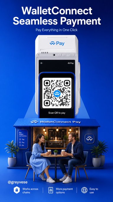 The image is a promotional graphic for "WalletConnect Seamless Payment," featuring a large smartphone displaying a QR code labeled "Scan QR to pay" above a "WalletConnect Pay" café where two people sit at a table with coffee, with bottom highlights noting it "@greyverse," works across chains, offers more payment options, and is easy to use. It visually reinforces the post's message by illustrating how WalletConnect aims to make stablecoin payments as effortless and invisible as tapping a Visa card, with users simply scanning to pay without thinking about the underlying infrastructure.