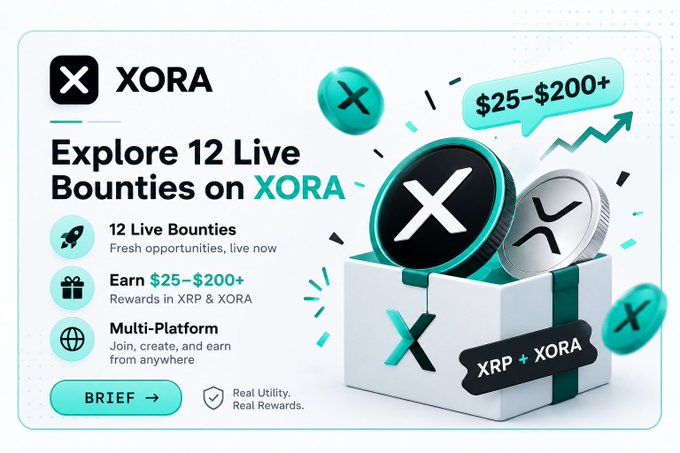 A promotional graphic for XORA announcing "Explore 12 Live Bounties on XORA," highlighting earning potential of $25–$200+ in rewards distributed in XRP + XORA, with a tagline "Real Utility. Real Rewards." The image visually reinforces the post's message by showcasing the XORA platform as a practical way for XRP holders to put idle assets to work through transparent, opportunity-based bounties rather than unrealistic return promises.