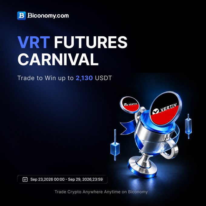 An advertisement for a 'VRT FUTURES CARNIVAL' trading event on Biconomy.com, offering up to 2,130 USDT, featuring a 3D trophy with VERTIV logos.