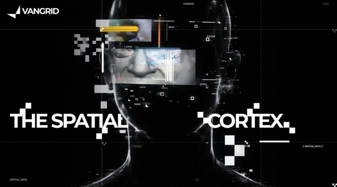 A dark futuristic Vangrid advertisement featuring a wireframe human head with the bold text 'THE SPATIAL CORTEX' overlaid with digital glitch effects and spatial data points.
