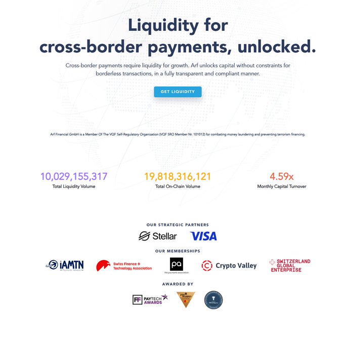 Arf Financial webpage promoting “Liquidity for cross-border payments, unlocked,” with $10,029,155,317 in total liquidity volume, $19,818,316,121 in total on-chain volume, and 4.59× monthly capital turnover. It highlights strategic partners Stellar and Visa, aligning with the post’s claim of Ripple/Arf’s role in global settlement liquidity and major payment-network partnerships.