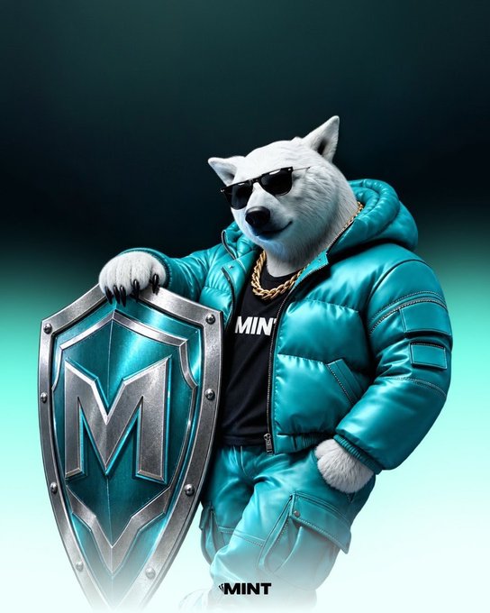 A white dog in a teal jacket and sunglasses, wearing a gold chain, posing with a shield bearing the "M" logo and "MINT" branding.