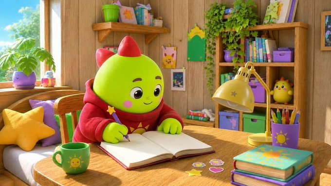A 3D animated green creature with red horns and pink cheeks sits at a desk writing in a notebook, surrounded by toys and books in a colorful room.