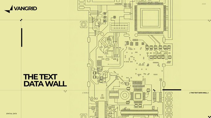 Vangrid graphic titled 'The Text Data Wall' displaying a detailed circuit board schematic labeled 'Spatial Data' on a pale yellow background.