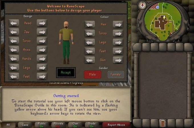 A screenshot of the RuneScape character creation screen titled "Welcome to RuneScape," showing customization options for Design, Colour, and Gender with a default bald male character, accompanied by a "Getting started" guide instructing players to use the "RuneScape Guide" in their starting room.

This perfectly captures that nostalgic 2007 moment when countless players first designed their avatars before stepping into Tutorial Island—a simple interface that marked the beginning of countless hours, friendships, and adventures in a game that would shape an entire generation's gaming experience.