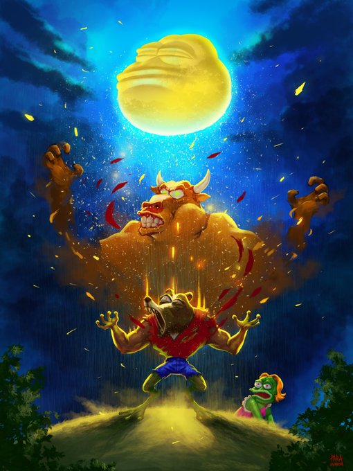 A frog character in a red shirt stands fearfully before a massive demonic bull conjured by a floating moon, while a small green Pepe cowers behind a mound—visually evoking the chaotic "to the moon" energy surrounding a Pepe-themed NFT project update.