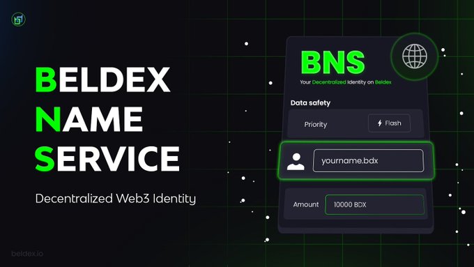 A promotional graphic for Beldex Name Service (BNS), a decentralized Web3 identity platform, showing a registration interface for a username with '.bdx' domain costing 10000 BDX.