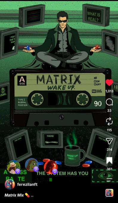 A stylized illustration referencing The Matrix, featuring a man meditating cross-legged atop a cassette tape labeled 'A SIDE MATRIX WAKE UP', surrounded by floating monitors with text like 'WHAT IS REAL?' and 'YOU TAKE THE RED PILL'.