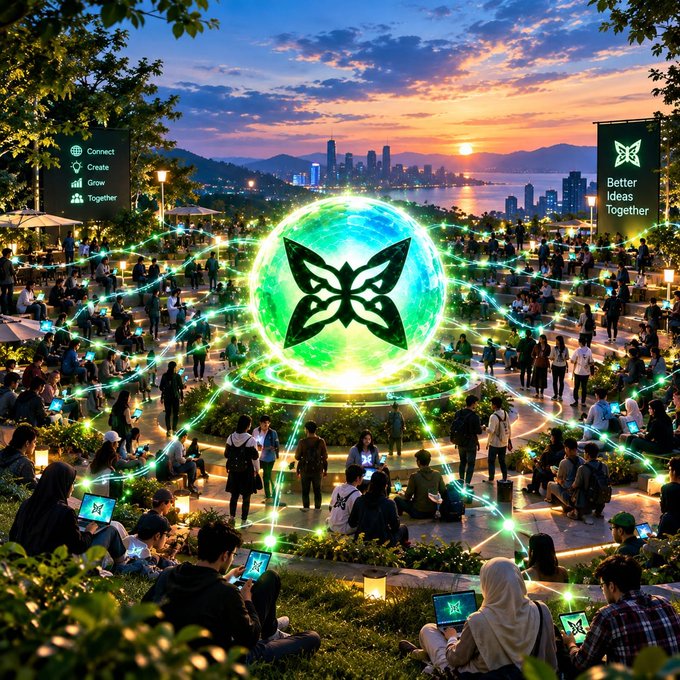 A vibrant digital artwork depicts a glowing green butterfly emblem hovering above a large crowd gathered at sunset, with banners reading 'Connect, Create, Grow, Together' and 'Better Ideas Together' flanking a cityscape.