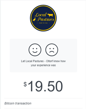 The image shows an online form that has been filled out, indicating the transaction of $19.50 in bitcoin for a two-pack cartons of eggs. The image features text which reads "Let Local Pastures know how your experience was", implying that the recipient of this transaction might have a negative experience with the eggs they've purchased. The post also includes a quote from an individual expressing their concerns about the egg quality and asking why one would trade cryptocurrency for such a product, suggesting that the seller or buyer has an unconventional perspective on value and satisfaction when it comes to buying groceries online.