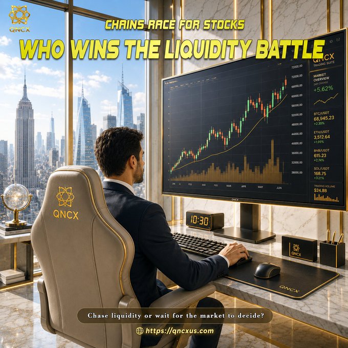 A trader sits at a sleek desk overlooking a city skyline, analyzing a large monitor displaying a candlestick chart with QNCX-listed assets like BTC/USDT (68,945.23) and ETH/USDT (3,512.64), alongside the headline "Chains Race for Stocks: Who Wins the Liquidity Battle." The image visually reinforces the post's theme of tokenized stocks and liquidity battles between blockchain chains like BNB Chain and Robinhood Chain.