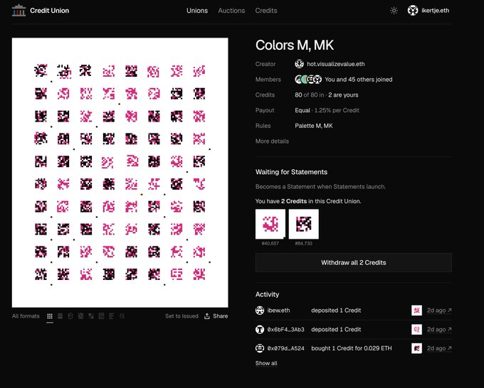 A Credit Union webpage on Kerte.eth displaying the 'Colors M, MK' pixel art collection with 80 of 80 credits distributed and recent deposit activity from ibew.eth and other users.