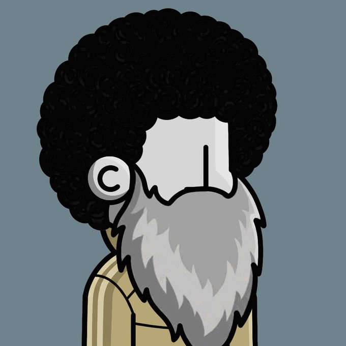 A cartoon avatar with a large black afro and long gray beard, featuring a copyright (©) symbol on the ear, paired with the caption "Late GM 𝕏 fam — Never stop showing up," symbolizing persistent community presence and engagement on X (formerly Twitter).