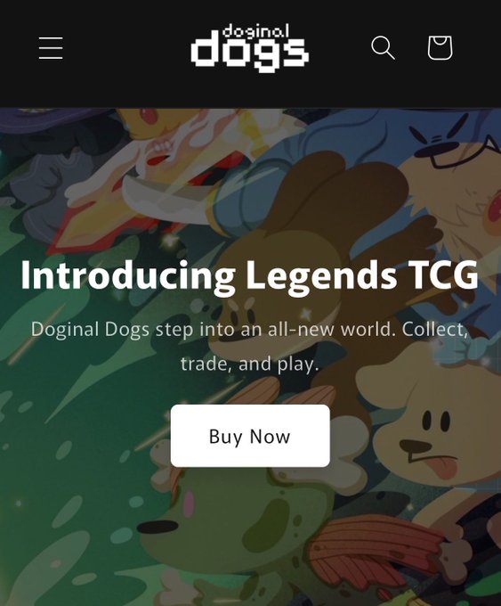 A mobile landing page for Doginal Dogs featuring the headline "Introducing Legends TCG" and tagline "Doginal Dogs step into an all-new world. Collect, trade, and play," with a prominent white "Buy Now" button overlaid on illustrated dog characters. The page promotes preorder availability for DDL (Doginal Dogs Legends) cards, aligning with the announcement of the project's card collection launch.