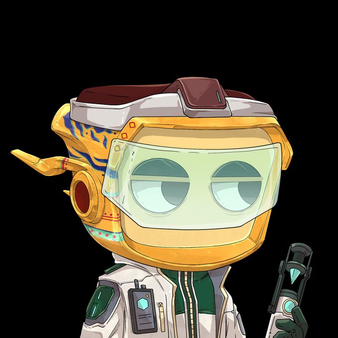 An anime-style chibi character wearing a yellow/gold helmet with blue tiger-stripe details and a large clear visor, dressed in a white and green jacket while holding a futuristic weapon.