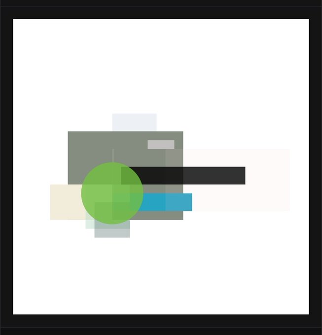 A minimalist abstract digital artwork composed of overlapping geometric shapes including a green circle, gray rectangles, and blue rectangles on a white background.